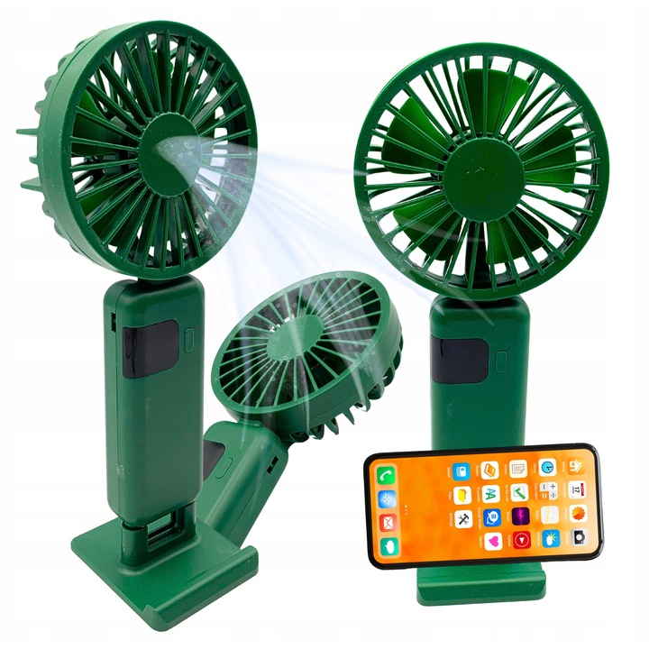 Mini USB ventilátor kijelzővel, 5 sebességfokozat, zöld, 92x32x215mm, telefontartóval