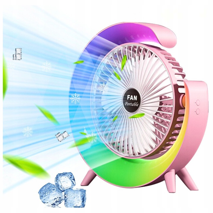 Ventilator de birou pentru vara, LED, 3 viteze, RGB, puternic, silentios, roz