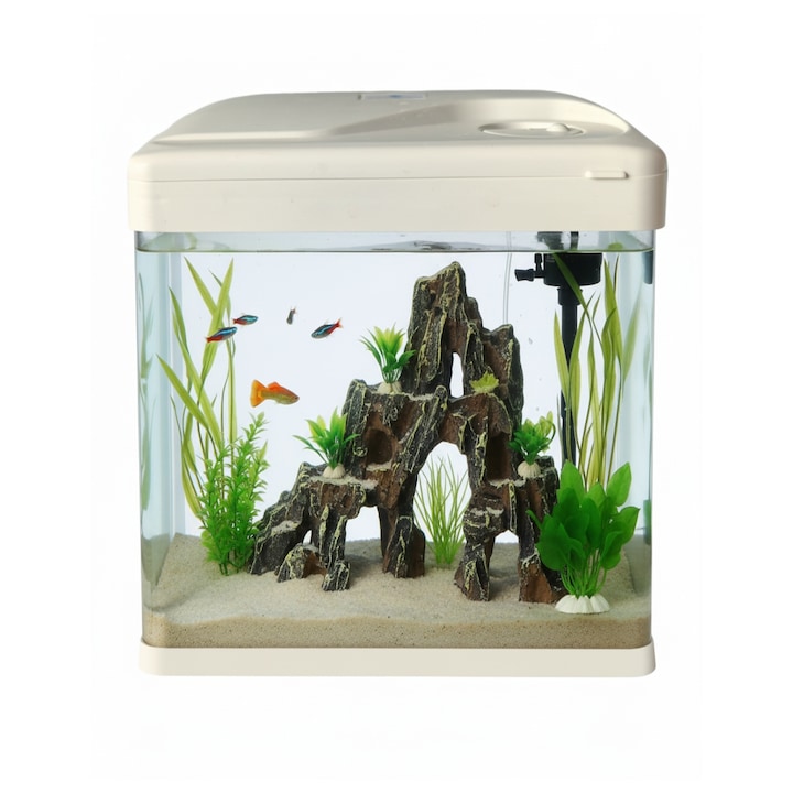 Acvariu Betta，7L, Kit Start Complet cu Sticla HD Curbata, Iluminare LED Multicolor si Filtru Integrat, Ideal pentru Birou sau Copii, 21x15.5x24.5 cm
