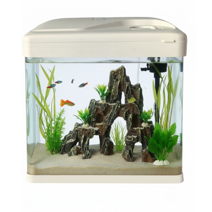 Acvariu Complet 9L din Sticla Curbata Ultra-Clara, Kit All-in-One cu Iluminare LED 3 Culori, Sistem de Filtrare si Pompa Incluse, Design Modern, 24x17x27 cm, Alb