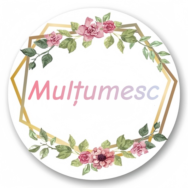 Rola Etichete Autoadezive "Multumesc", Rotunde, Diametru 2.5 cm, 500 Bucati, Ideale pentru Ambalare Cadouri, Curierat, Plicuri si Mici Afaceri