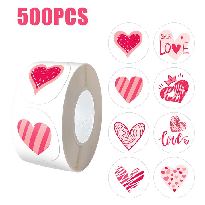 Rola 500 kerek "Love Hearts" matrica, modern grafikus minták (csíkok, szívek, absztrakt), rózsaszín és piros