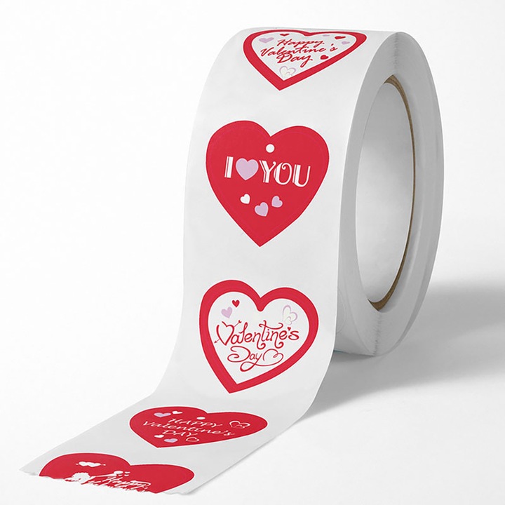 Rola Stickere Forma de Inima cu Mesaje "I Love You" si "Happy Valentine's Day", Font Elegant