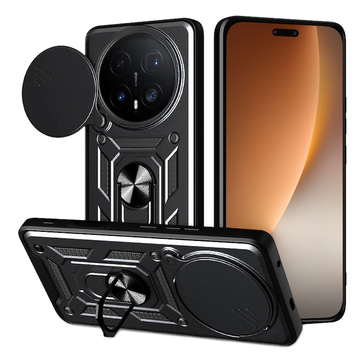 Husa pentru Honor Magic 8 Pro Ring Armor Kickstand Tough Rugged Cover cu protectie camera, negru