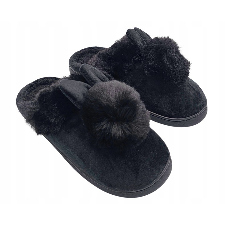 Papuci de casa dama Chung shi, cu urechi si pompon, antiderapanti, negri