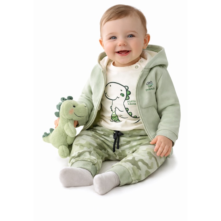 Trening Bebelusi iDO 3 Piese din Bumbac Hanorac cu Fermoar Tricou si Pantaloni Verde Alb