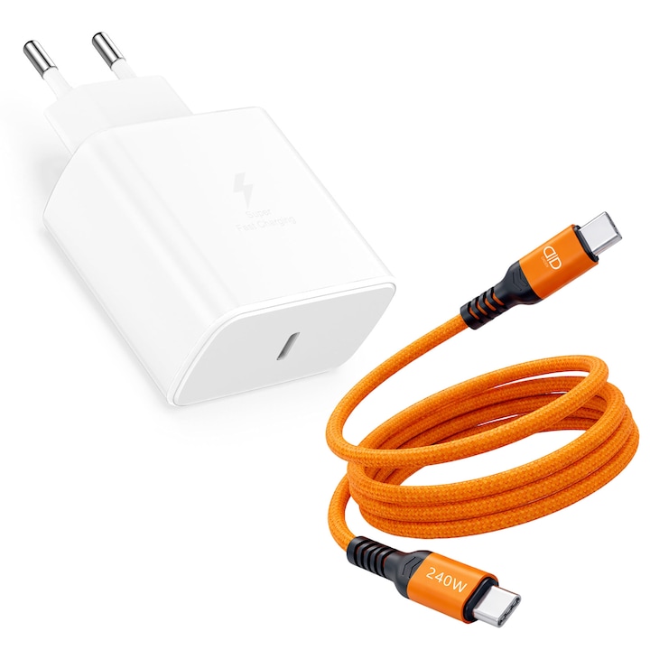 Incarcator Fast Charge 45W Type-C, Cablu Type-C inclus, ompatibil Samsung Galaxy S26 Ultra, S25 Ultra, S25 Plus, S25, S24 Ultra, S24 Plus, S24, S23 FE, A55, A35, A15, M55, Z Fold 7, Z Flip 7, Alb