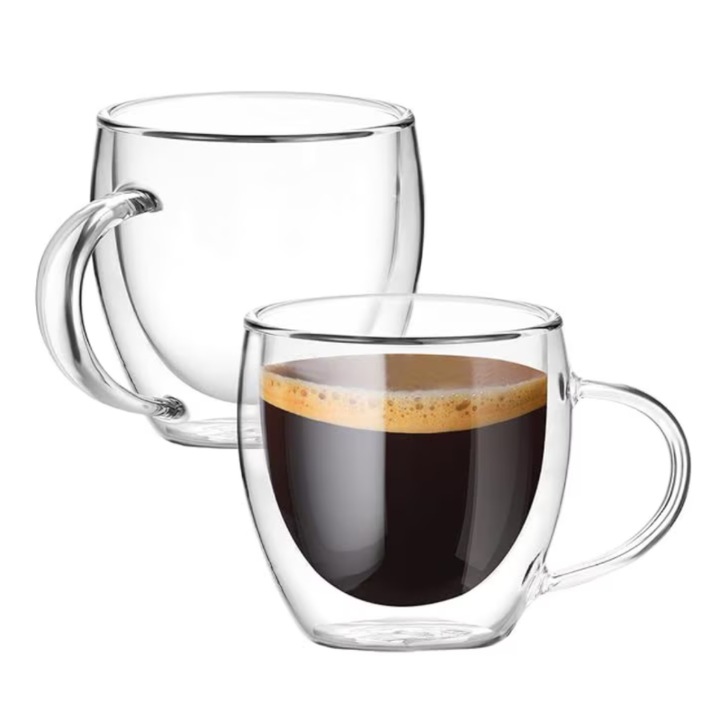 Set 2 Cani din Sticla Borosilicata cu Pereti Dubli, Design Modern, Transparente, 250ml