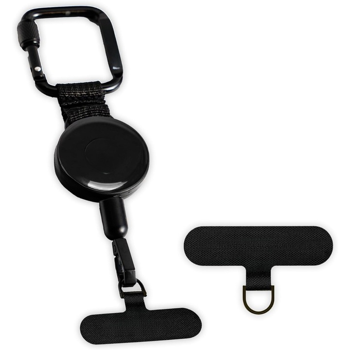 Suport Anti-Furt pentru Telefon cu Cablu Retractabil din Otel, Ancora Universala Adeziva si Carabina de Siguranta, Protectie impotriva Pierderii sau Caderii, Negru, 30inch
