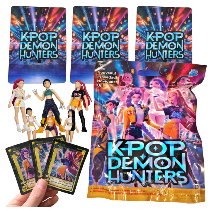 Saszetka figurina Demon Hunters, 1 figurina + 3 carti, mix personaje, 8-10cm