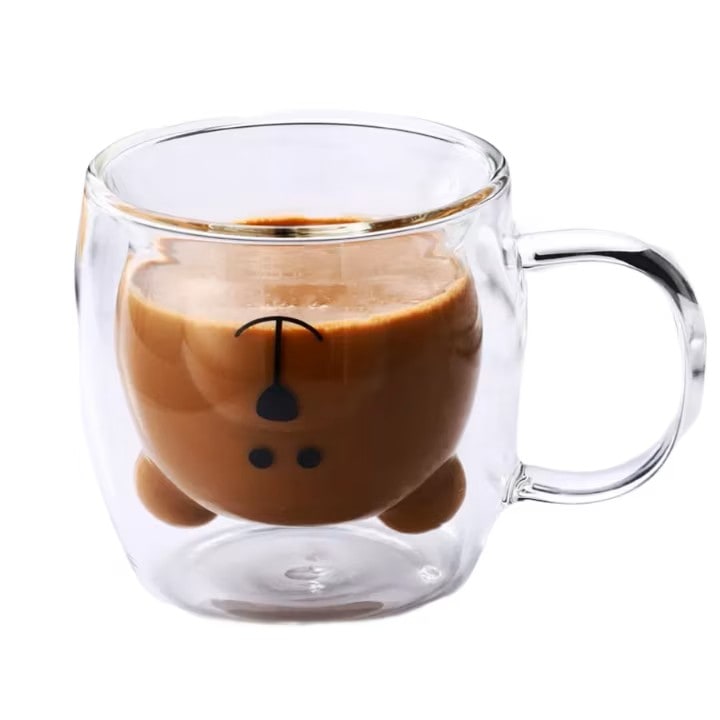 Premium Cana in forma de ursulet din sticla termorezistenta, pereti dubli, pentru ceai si cafea, Transparentam, IDEALA CADOU, oficii sau acasa, Design ergonomic, usor de curatat si 100% sigura,250ml