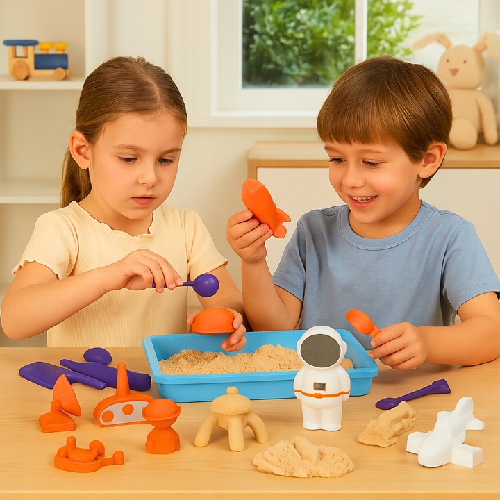 Комплект кинетичен пясък за деца, 500 гр., Космическа тема, Табла 26 см, 2 цвята