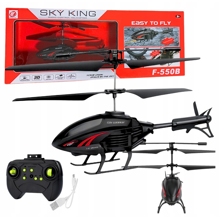 Хеликоптер RC за деца, Yiwu, черно-червен, с LED светлини, пълен комплект