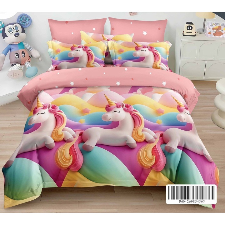 Set Lenjerie de pat dublu, 2 persoane, Pucioasa, Bumbac, 6 Piese, Cearceaf de pat 240 x 250 cm, Cearceaf pilota cu Doua Fete 200 x 230 cm, 2 fete de perna 70 x 70 cm, 2 fete de perna 55 x 75 cm, Roz/Multicolor, Model Unicorn, FFP-0153