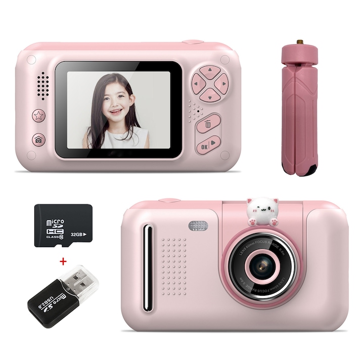 Aparat foto digital cu card de memorie de 32 GB, Aiorber, 4 megapixeli, obiectiv rabatabil la 180 de grade, mod burst, aparat foto pentru copii, culoare albastra