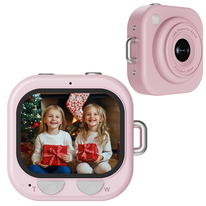 Aparat foto digital compact, Aiorber, zoom 16x, ecran de 2,01 inci,750 mAh, dimensiuni mini, capacitate de inregistrare video, blit incorporat, aparat foto pentru copii, roz