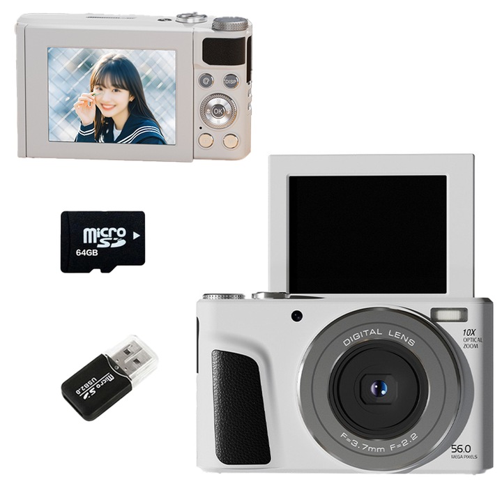 Aparat foto digital compact cu card de memorie de 64G, Aiorber, usor, portabil, autofocus, 5600 W, 4K, zoom 10x, ecran rabatabil la 180°, capacitate de inregistrare video, alb
