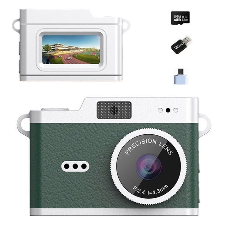 Aparat foto digital compact cu card de memorie de 32 GB, Aiorber, ecran de 0,96 inci, design mini portabil, 80 MP, 200 mAh, capacitate de inregistrare video, blit incorporat, verde