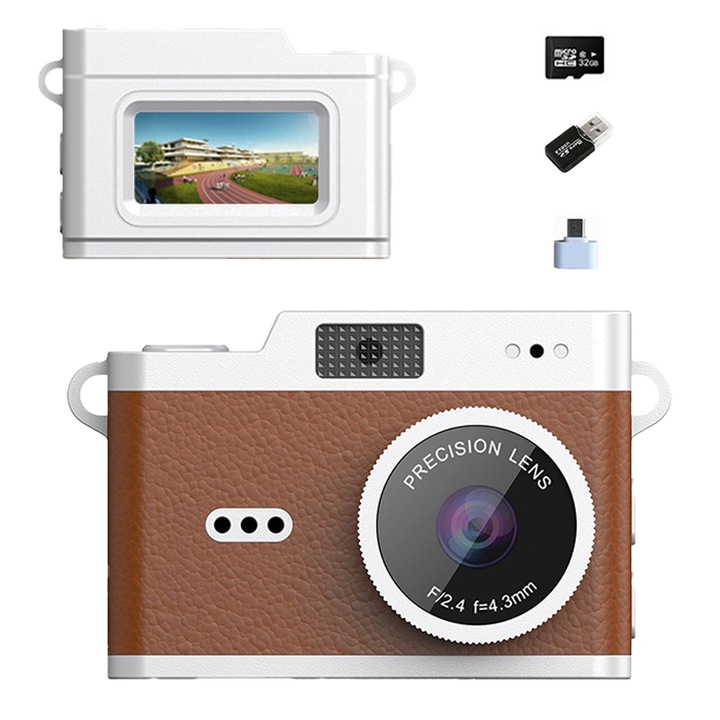 Aparat foto digital compact cu card de memorie de 32 GB, Aiorber, ecran de 0,96 inci, design mini portabil, 80 MP, 200 mAh, capacitate de inregistrare video, blit incorporat, maro