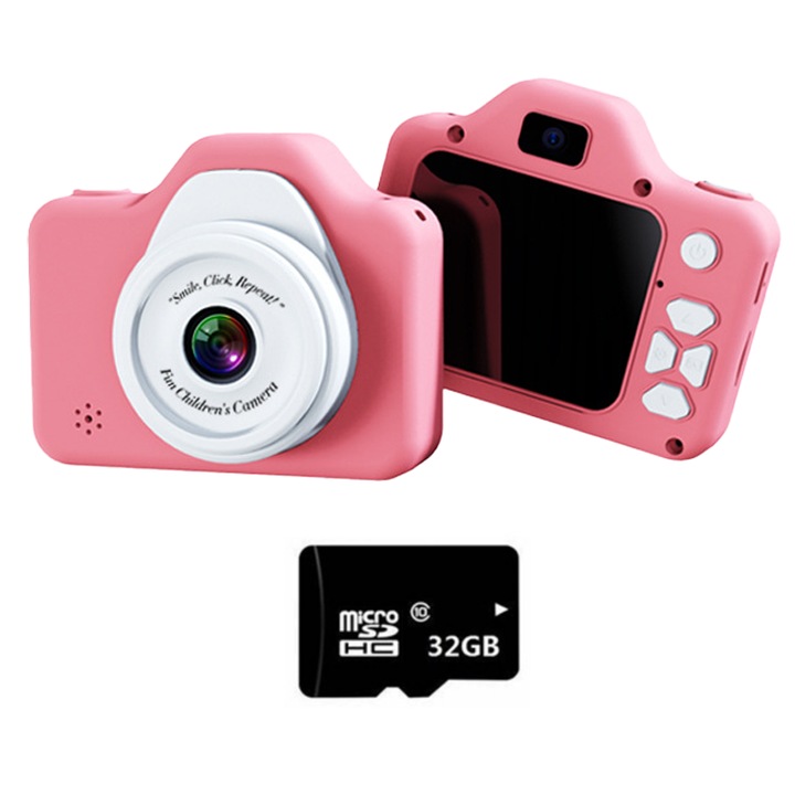 Mini camera foto pentru copii, Aiorber, zoom 8X, camera foto dubla fata si spate, functie temporizator, ecran IPS de 2,0 inci, capacitate de inregistrare video, design adorabil, roz