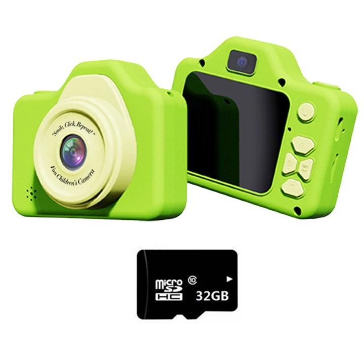 Mini camera foto pentru copii, Aiorber, 8X, camere foto frontala si posterioara dubla, fotografiere programata, ecran IPS de 2,0 inci, functie de inregistrare video, design adorabil, verde