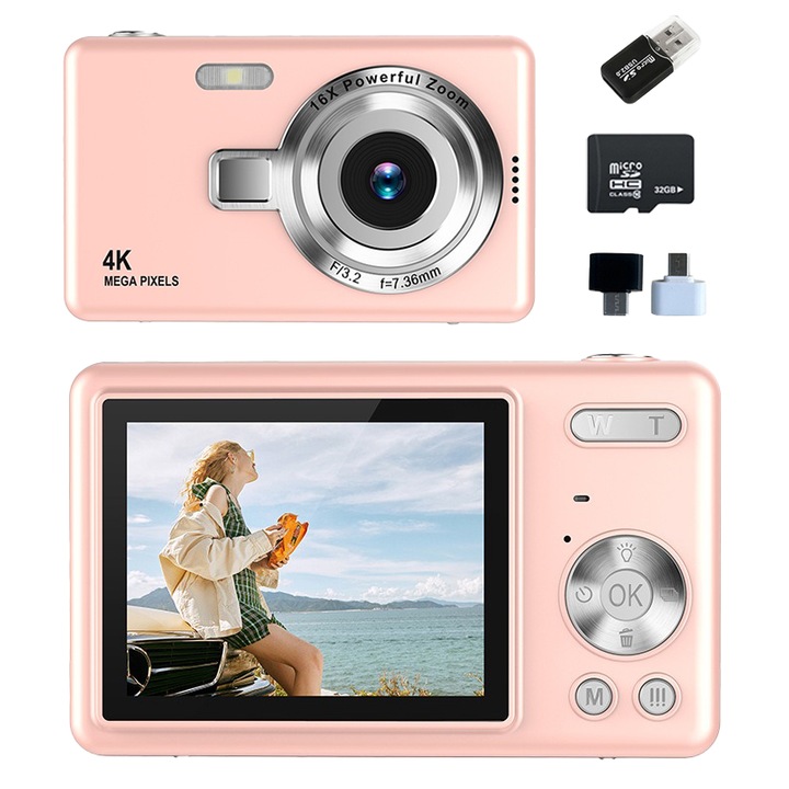Aparat foto digital compact cu card de memorie de 32 GB, Aiorber, senzor de 96 megapixeli, zoom 16x, functie de inregistrare video, blit incorporat, ecran IPS de 2,4 inci, roz