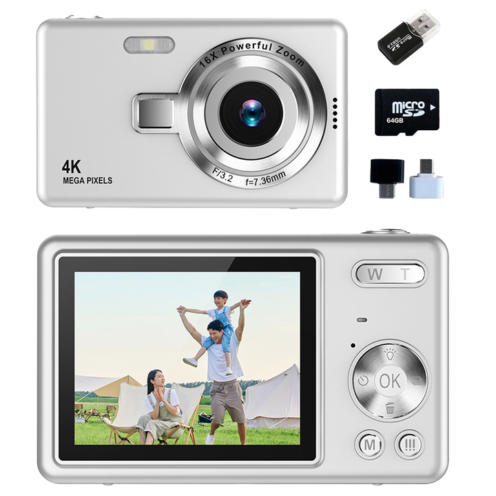 Aparat foto digital compact cu card de memorie de 64 GB, Aiorber, senzor de 96 megapixeli, zoom 16x, functie de inregistrare video, blit incorporat, ecran IPS de 2,4 inci, argint