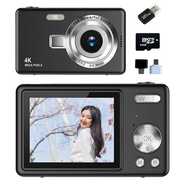 Aparat foto digital compact cu card de memorie de 64 GB, Aiorber, senzor de 96 megapixeli, zoom 16x, functie de inregistrare video, blit incorporat, ecran IPS de 2,4 inci, negru