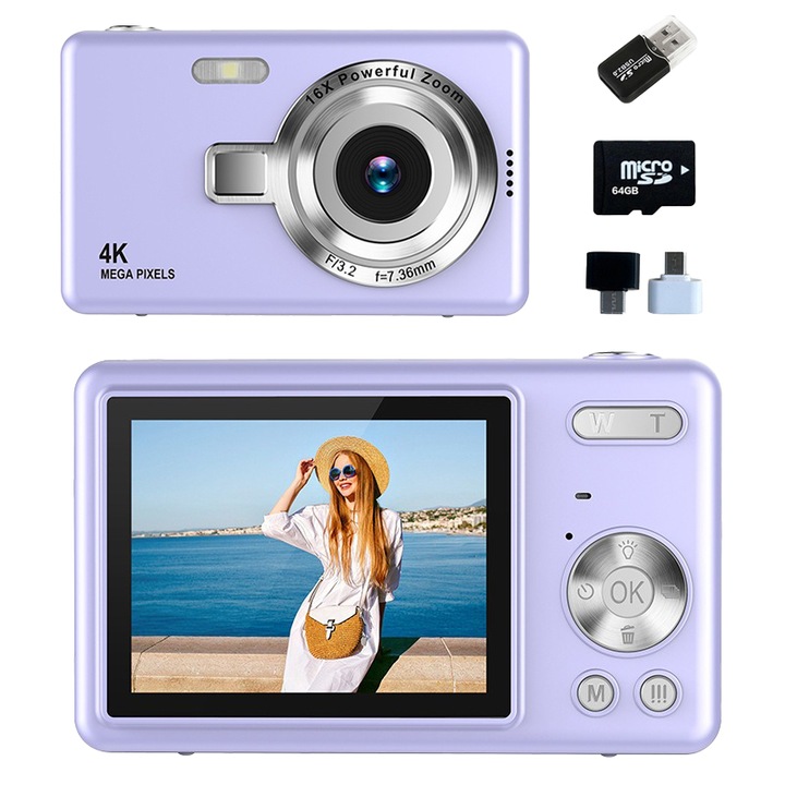 Aparat foto digital compact cu card de memorie de 64 GB, Aiorber, senzor de 96 megapixeli, zoom 16x, functie de inregistrare video, blit incorporat, ecran IPS de 2,4 inci, violet