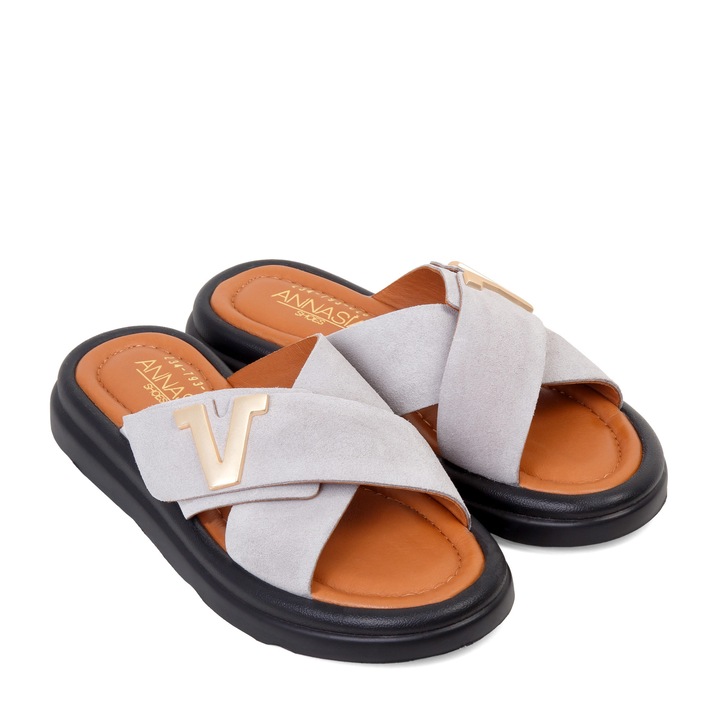 Slapi AMELIE - piele naturala gri, Gri, 36