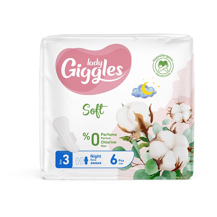 Absorbante Soft Giggles Lady, noapte, 6 picaturi, 100% bumbac organic, marime 3, set 6 bucati