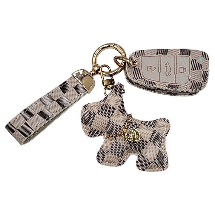 Set etui din piele + breloc + decoratiune pentru cheie Audi, multicolor