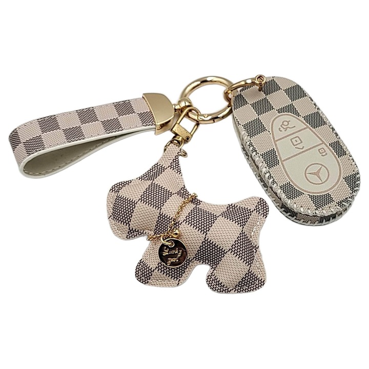 Set etui din piele pentru cheie Mercedes, breloc din piele, decorativ, caine, bej