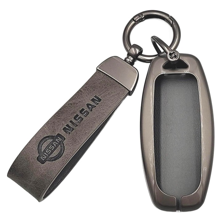 Set etui si breloc Nissan QASHQAI JUKE MICRA LEAF, aluminiu, piele, gri maro