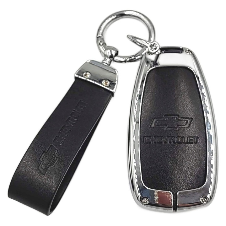 Set 3in1 etui+ breloc pentru Chevrolet, aluminiu, piele, negru