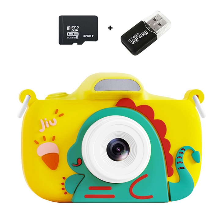 Cameră foto pentru copii, ORBER, ecran 2.4 inch, dublă cameră, galben, set cu card 32GB