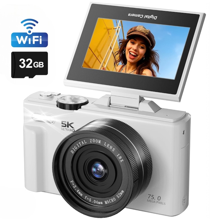 Aparat Foto Digital Compact LONDEMM, 5K Ultra HD, 75 MP, Zoom Digital 18x, Alb, Card 32GB Inclus