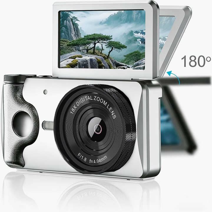 Aparat foto Digital, 4K, 64MP, 18X Digital Zoom, Focalizare automata, portabil, Anti-shake, display pliabil de 3,0 inchi,, metal casing，32GB SD Card，Pentru incepatori adulti, baterie 2000mAh