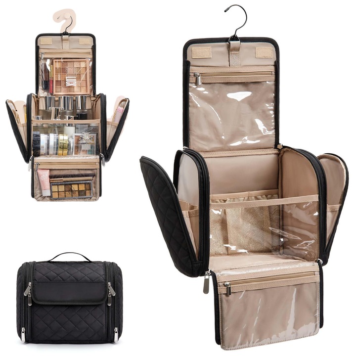 Portfard mare cosmetic suspendat, organizator multifunctional, negru, dimensiuni optime pentru calatorii