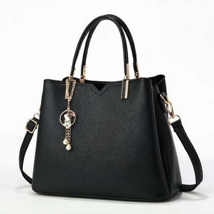 Geantă dama, negru, 25x30x13cm, piele ecologică, cu pandantiv