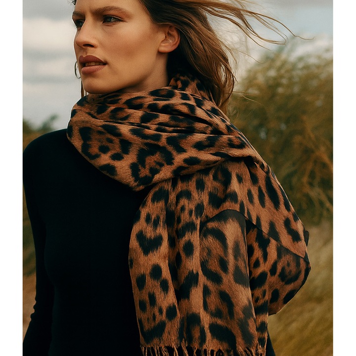 Esarfa dama cu model pantera, esarfa eleganta 180x70 cm, poliester, bej crem, versatila pentru zi si seara – Agrafka unisize