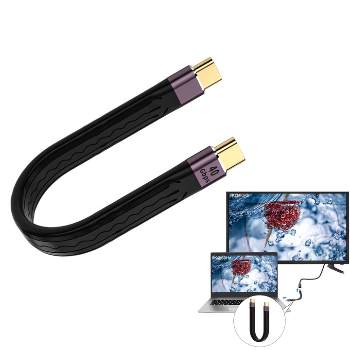 Cablu de date USB-C la USB-C Asskanaer, transfer 40Gbps, încărcare rapidă 100W, 0.13m, Negru