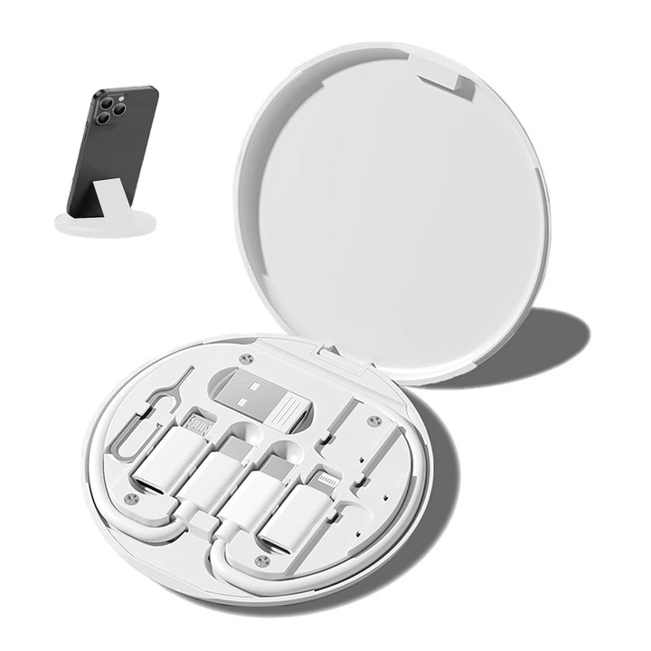 Set cutie de stocare cablu de date, asskanaer, Cablu de date 5 in 1, Suport de telefon cu adaptor compatibil cu USB, Type-C to Lightning, Type-C to Micro-USB, Type-CtoType-C, Incarcare rapida 60W, Transfer 480mbps, ABS, 8.5*8.5*1.3 cm, Alb