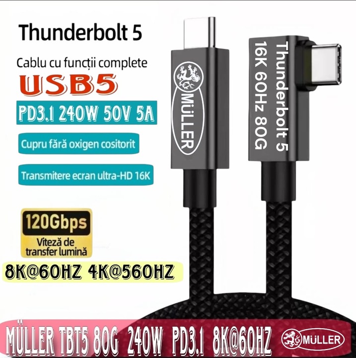 Cablu date USB-C la USB-C Muller, lungime 1.5m, Negru, transfer 80Gbps, incarcare rapida 240W