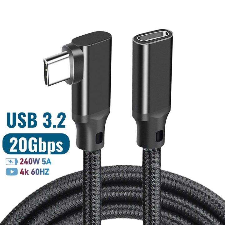 Удължителен кабел USB-C, Sugxia, 0.2м, 20Gbps, 4K@60Hz, Черен