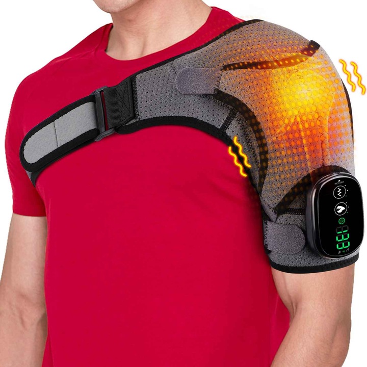 Поддръжка за рамо с отопление и масаж Aiorber, 3 нива на температура, 3 нива на вибрации, въгленово сиво