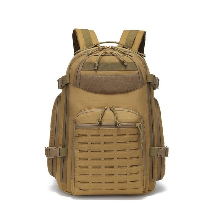 Többfunkciós katonai taktikai hátizsák, laptoptáska, hegymászáshoz, túrázáshoz, sporthoz, 55 l kapacitás, vízálló, Oxford szövet, légáteresztő hálós hátrész, sárszínű