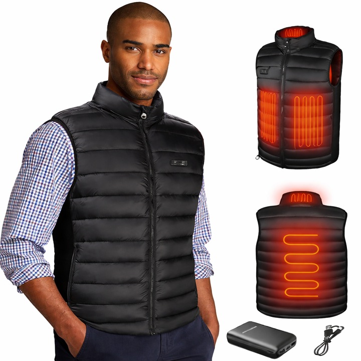 Vesta termica Unisex NeoSimply, vesta cu incalzire, baterie externa de 10000 mAh, jacheta incalzita cu 4 zone de caldura, 3 setari de caldura, jacheta incalzita usoara pentru camping in aer liber, calarie, drumetii, lavabila la masina, XS