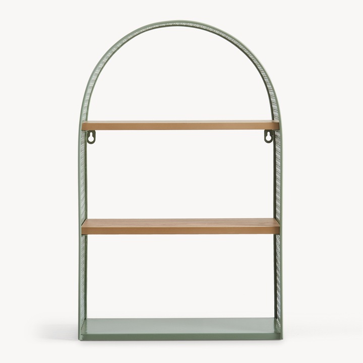 Raft, en.casa, Jaller, 53 x 34, 5 x 13, 5 cm, metal, mdf, verde, efect lemn, montabil pe perete, cu 3 polite depozitare