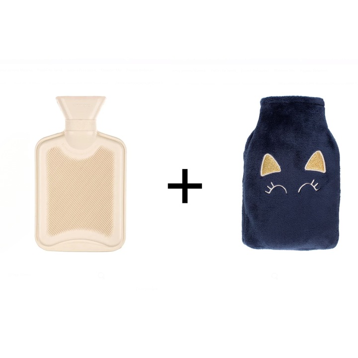 Set sticla pentru apa calda 1L alba + husa blana artificiala albastra pisica cu glitter auriu